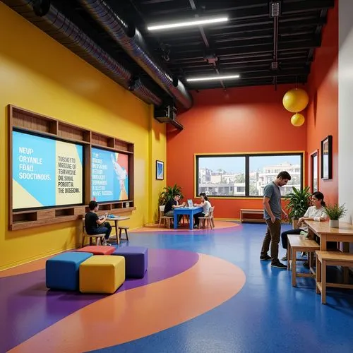 Vibrant educational institution, modern interior design, bright color schemes, playful furniture, interactive whiteboards, collaborative learning spaces, inspirational quotes, motivational posters, ge