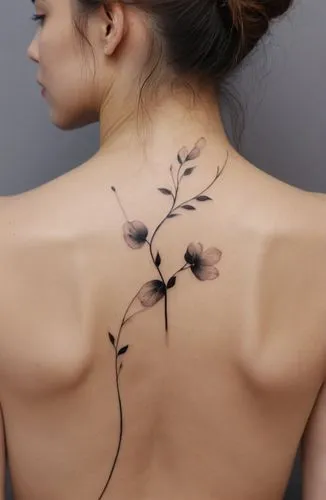 The image shows a woman's back with a delicate black flower stem tattooed in the center of her back. The tattoo is in a minimalist style, with thin lines and subtle shading, black thin lines, delicate