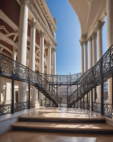 winding staircase,circular staircase,staircase,outside staircase,balustrade,cochere,zappeion,spiral staircase,palladianism,balustrades,staircases,neoclassical,stairways,colonnades,entranceways,archly,balusters,3d rendering,railings,escalera,Illustration,Retro,Retro 25