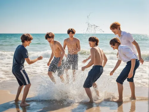 Craft a playful BTS picture with the members on a sunny beach, splashing in the water.,infinite,kawaii people swimming,beach goers,zest,summersun,lover's beach,sea ocean,sea monsters,busan sea,beach b