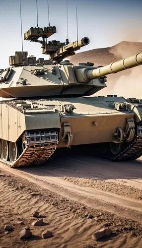 M1 Abrams tank, turret close-up, military green, composite armor texture, reactive armor blocks, gun barrel raised, dusty environment, desert camouflage, tank tracks, heavy metal, sunlight reflections