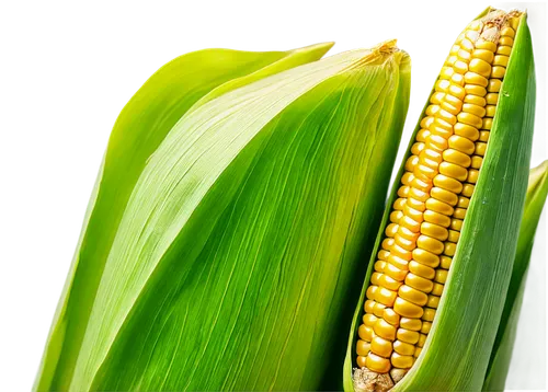 Golden yellow maize corn, solo, still life, bright detailed kernels, green husk, slightly opened, natural light, warm color tone, soft focus, shallow depth of field, 3/4 composition, realistic texture