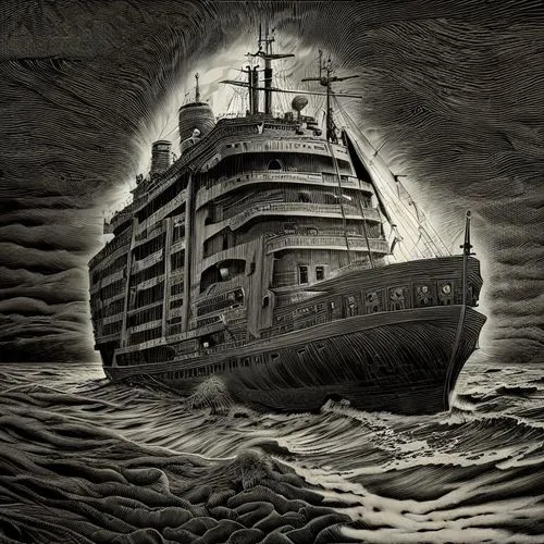 titantic,lusitania,shipwreck,ghost ship,lurianic,costa concordia,westerdam,sea fantasy,sunken ship,hsinking,sinking,rotten boat,aground,ocean liner,the wreck of the ship,troopship,barotrauma,titanic,cruceros,britannic,Art sketch,Art sketch,Fantasy