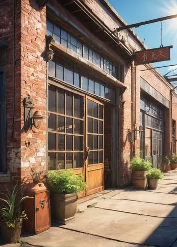 freight depot,warehouses,eveleigh,lumberyard,industrial building,backlot,dogpatch,redhook,loading dock,train depot,warehouse,hudson yard,railyards,brewpub,metalworks,limeworks,brickyards,auto repair shop,fabrik,alleyway,Illustration,Japanese style,Japanese Style 03