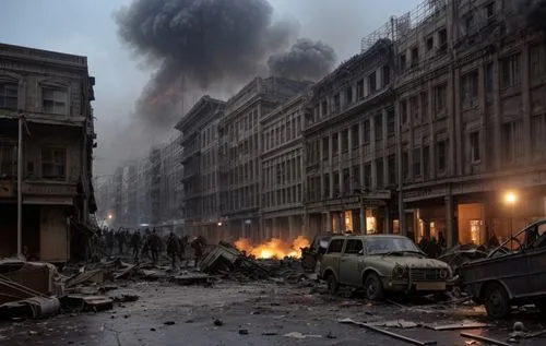 Chaos in the city. atmosphere of war in the past,saintpetersburg,kiev,havana,war zone,apocalyptic,saint petersburg,nevsky avenue,arbat street,post apocalyptic,stalingrad,destroyed city,warsaw uprising