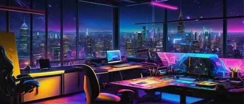 cyberpunk,computer room,fantasy city,modern office,cyberspace,study room,modern room,colorful city,cityscape,computer workstation,night administrator,neon lights,the server room,computer desk,great room,aesthetic,neon light,nightclub,nightlife,game room,Art,Artistic Painting,Artistic Painting 41