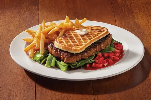 hamburger plate,chicken burger,gator burger,row burger with fries,waffles,waffle iron,salmon burger,grilled food,original chicken sandwich,beef steak toast,burger king grilled chicken sandwiches,veggie burger,open sandwich,club sandwich,waffle,red robin,food photography,hamburger chicken,buffalo burger,outback steakhouse,Illustration,Realistic Fantasy,Realistic Fantasy 36