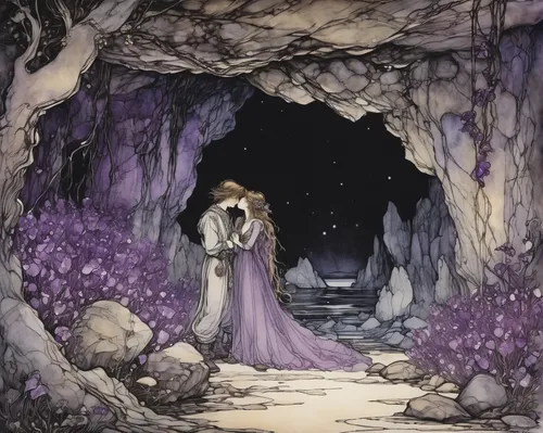 fairytale,a fairy tale,fairytales,fairy tale,fairy tales,la violetta,arthur rackham,children's fairy tale,enchanted,silver wedding,way of the roses,cinderella,bride and groom,honeymoon,the limestone cave entrance,wedding couple,fae,wedding frame,jessamine,chasm,Illustration,Retro,Retro 25