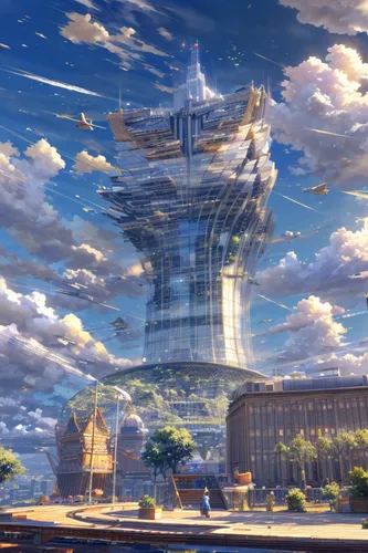 violet evergarden,stalin skyscraper,airships,sky city,skycraper,airship,sky tree,fantasy city,the skyscraper,tower of babel,fantasy world,cosmos wind,skyflower,futuristic landscape,futuristic architecture,background image,virtual world,world end,panoramical,skyscape