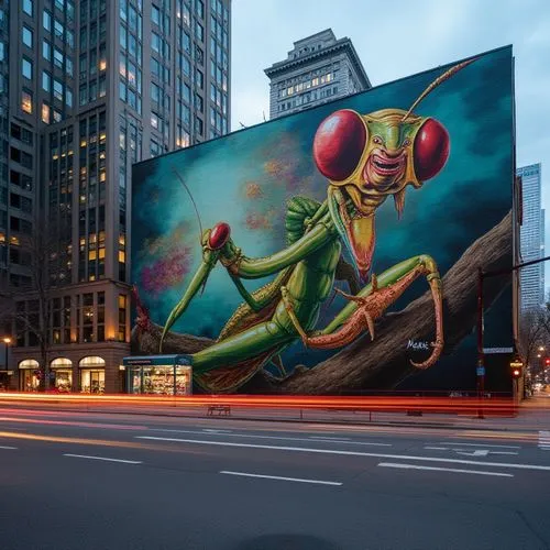  a large vibrant mural painted on a downtown building wall of a giant preying mantis with a woman's head and face. The mantis is sitting on a branch ready to strike out at a startled pedestrian and th