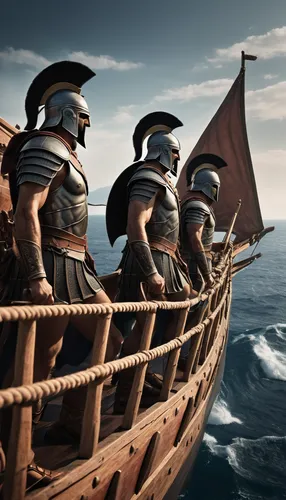 Brave Spartans on the deck of a huge Greek military trireme.,hellenistic-era warships,viking ship,viking ships,vikings,ironclad warship,trireme,rome 2,sparta,caravel,longship,viking,thracian,germanic 