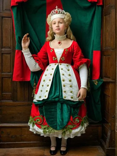 Elizabeth, Queen of Poland, lifelike and vividly colored,a little girl in a costume standing with her hands together,children's christmas photo shoot,female doll,christmas pictures,folk costume,christ