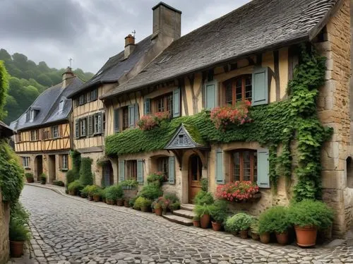 Normandy architecture style, half-timbered house, stone walls, steeply pitched roofs, multi-paned windows, ornate wooden doors, flower-filled window boxes, lush greenery, ivy-covered facades, rolling 