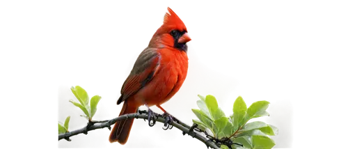 "red cardinal, bird, perched, solo, bright plumage, vibrant red feathers, black face mask, crest on head, tiny beak, branch, green leaves, morning dew, soft sunlight filtering through leaves, close-up