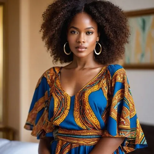 hermosa mujer africana natural super modelo de 20 años en un apartamento de lujo en África. Tiene la piel morena natural, sin maquillaje. Tiene el cabello largo, rizado y afro natural que cae sobre su