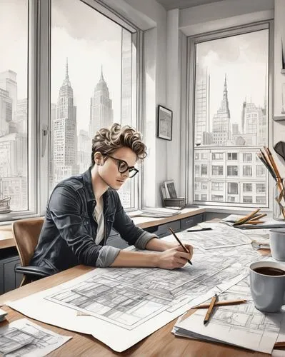 rodenstock,homelander,modern office,office line art,blur office background,autodesk,illustrator,oscorp,draughtsmen,office worker,draughtsman,workspaces,sci fiction illustration,secretarial,architect,office desk,male poses for drawing,world digital painting,livescribe,work from home,Illustration,Black and White,Black and White 30