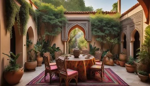 Vibrant bohemian villa, eclectic mix of Moroccan, Indian, and Mexican styles, intricate stone carvings, colorful tiles, ornate wooden doors, lush greenery, overflowing flower pots, rustic wooden furni