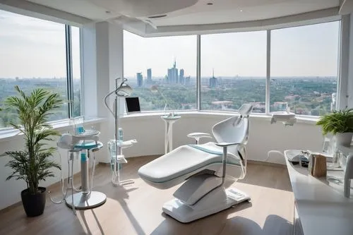 Modern dental clinic, futuristic architecture, sleek lines, minimalist interior, LED lighting, glass partitions, stainless steel equipment, dentist in white coat, stethoscope around neck, gentle smile