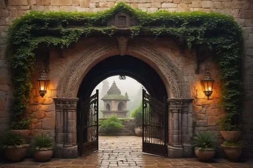 archways,doorways,archway,pointed arch,medieval street,nargothrond,stone gate,the threshold of the house,fairy tale castle sigmaringen,fairy tale castle,passageways,village gateway,entranceways,gatehouses,hobbiton,theed,passageway,blackgate,gateway,fairytale castle,Illustration,Abstract Fantasy,Abstract Fantasy 20