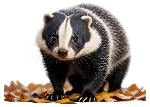 European badger, nocturnal animal, furry, black and white stripes on face, distinctive white stripes on forehead, short legs, claws, bushy tail, solo, forest floor, autumn leaves, morning dew, soft li