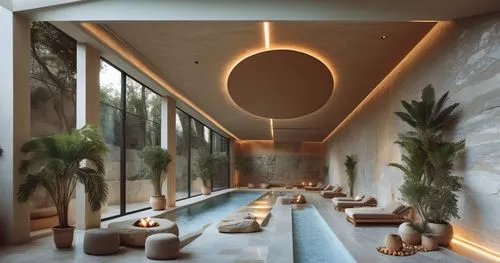 The interior of the spa is designed in the style of Alvaro Siza, with tall columns and a large swimming pool surrounded by limestone walls. There is a forest outside the window. The rock wall behind i