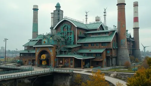 Whimsical power plant, intricate metal latticework, vibrant turquoise accents, industrial-chic machinery, reclaimed wood cladding, lush green rooftops, solar panels, wind turbines, modernist architect