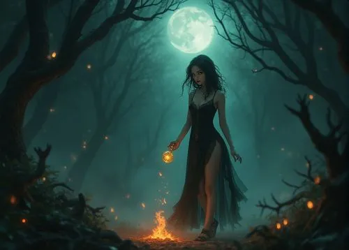 
En un rincón sombrío de un bosque encantado, la luna llena brilla intensamente, iluminando un claro cubierto de neblina. Allí, una bruja hermosa se destaca, su figura esbelta vestida con delicada len