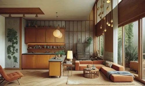 an open living room and kitchen with wood paneling,mid century modern,mid century house,mid century,midcentury,neutra,vitra,home interior,henningsen,scandinavian style,minotti,interior modern design,a