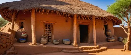 Traditional Ethiopian house, ornate stone carvings, colorful woven baskets, intricate wooden doors, vibrant ethnic patterns, earthy tones, adobe walls, conical thatched roof, arid landscape, rocky out