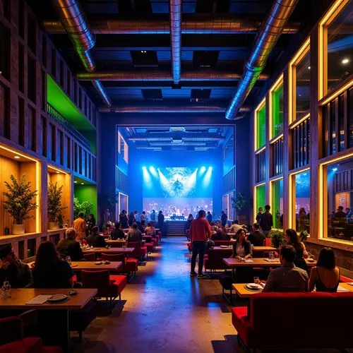 Vibrant music venue, dynamic stage lighting, bold color scheme, electric blue accents, neon green highlights, warm golden tones, rich wood textures, luxurious velvet fabrics, metallic silver details, 