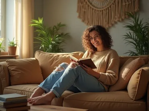 Cozy living room, mature lady, 35yo, relaxed pose, reading a book, warm smile, curly brown hair, casual makeup, soft sweater, ripped jeans, barefoot, velvet sofa, wooden coffee table, macrame wall han