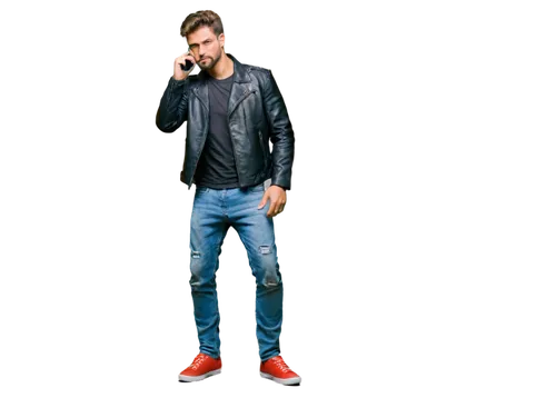 Muscular man, shutterbug, camera in hand, serious expression, messy brown hair, rugged beard, black leather jacket, grey T-shirt, ripped blue jeans, sneakers, standing, one leg bent, low-angle shot, w