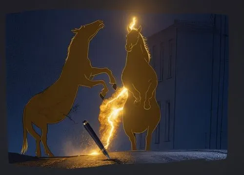 Horses Trembling and two Young Clean Shaven Englishmen fall while a golden ink pen cracks the road in a navy blue night,quetzalcoatlus,patronus,burning torch,flaming torch,fire horse,charizard,torchbe