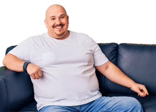 Happy fat man, chubby face, double chin, bright smile, bald head, thick eyebrows, mustache, white shirt, blue jeans, black belt, sneakers, sitting on couch, relaxing, casual, soft lighting, warm atmos