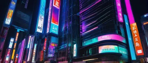 Uta inspired, futuristic architecture, grandiose building, sleek lines, neon lights, metallic materials, reflective surfaces, towering skyscraper, cityscape, Tokyo streets, nighttime, vibrant colors, 