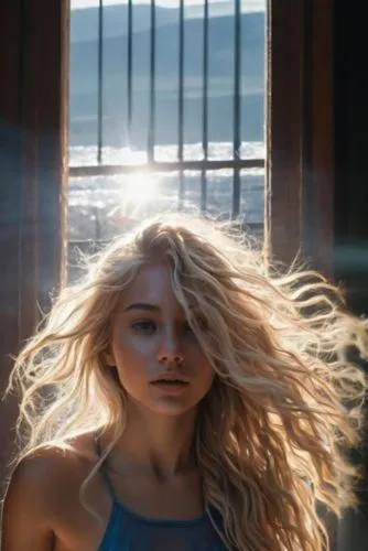 a woman standing with her hair flowing out,windswept,windblown,annasophia,blondie,burning hair,voluminous