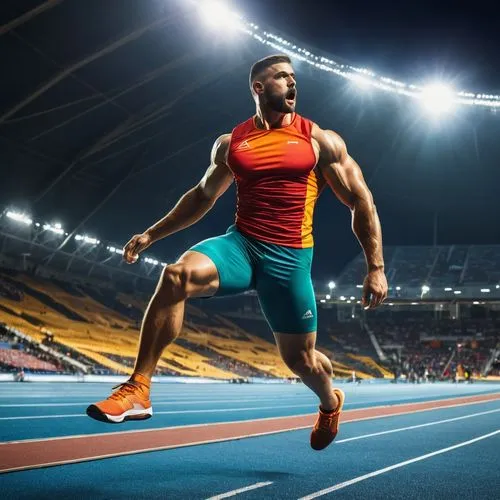 Modern stadium, Olympic arena, athletic track, evening time, golden hour, floodlights, vibrant colored seats, sleek metal beams, glass façade, majestic entrance, muscular male athlete, sporty wear, dy