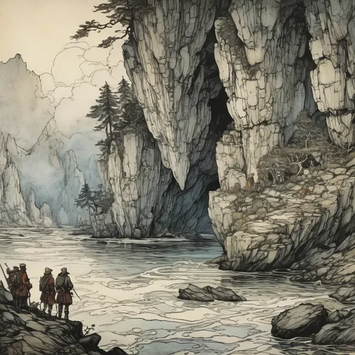 karst landscape,guards of the canyon,karst,cave on the water,chasm,karst area,arthur rackham,glacier cave,narrows,cave tour,limestone cliff,imperial shores,game illustration,caving,sea caves,heroic fantasy,concept art,old earth,rock bridge,watercolor background,Illustration,Retro,Retro 25