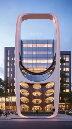 The building is a sleek, ultramodern structure characterized by elegant curves and smooth, reflective surfaces. Its minimalist design features clean lines and a glossy finish, giving it a futuristic a