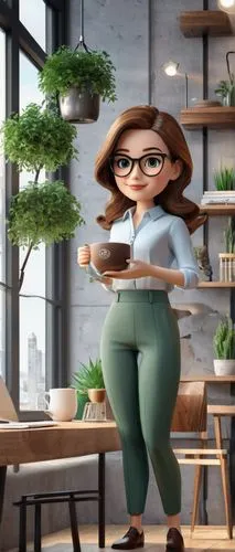 Modern interior designer, Portland, 30s, casual wear, glasses, messy brown hair, holding a cup of coffee, standing in a trendy industrial-chic office, surrounded by minimalistic decor, wooden tables, 