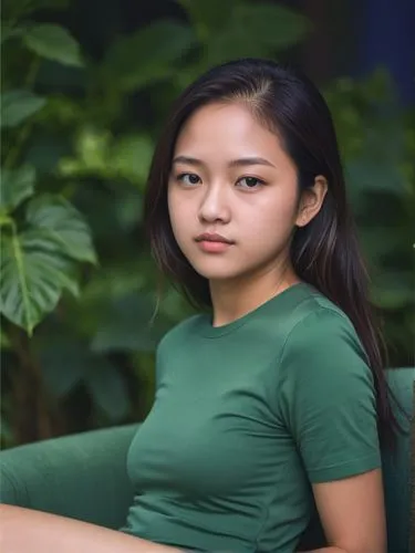 Create a body study of this girl in the style of a comic page with 4 pictures: 1. (left) close-up, 2. sitting, 3. standing (right) and 4. (below) lying on a chaise longue.,an asian woman is posing for