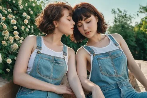 overalls,girl in overalls,vintage girls,denim jumpsuit,two girls,retro women,twin flowers,vintage women,vintage boy and girl,girl kiss,daisy heart,young women,denim background,denim bow,overall,kimjongilia,beautiful photo girls,retro flowers,buttercups,vintage theme,Illustration,Black and White,Black and White 25