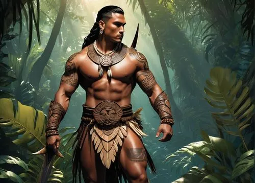 Fantasy Polynesian warrior, muscular male, Maori-inspired tattoos on face and body, braided black hair with feathers and shells, fierce expression, piercing brown eyes, golden earrings, tribal necklac