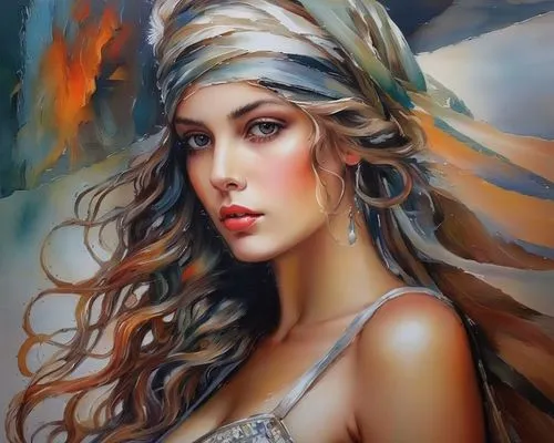 fantasy art,oil painting on canvas,oil painting,fantasy portrait,art painting,headdress,romantic portrait,faery,mystical portrait of a girl,feather headdress,fantasy woman,boho art,gypsy soul,italian painter,beautiful bonnet,young woman,faerie,aphrodite,athena,sorceress,Illustration,Paper based,Paper Based 04