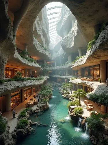 A commercial mall built underground within a rocky plateau, with vast skylights carved into the stone allowing sunlight to illuminate the space. The interior is an open-plan design, with shops and caf