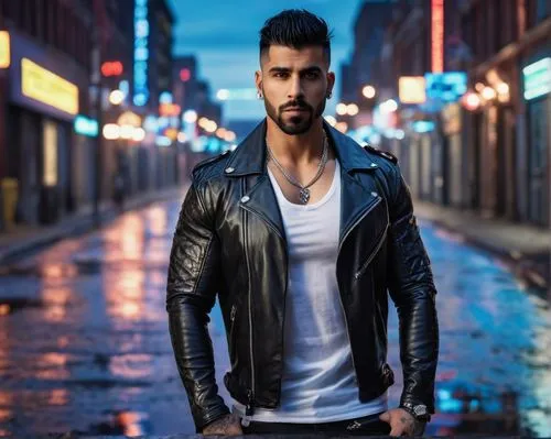 Muscular man, Tony Khan, 35yo, intense gaze, strong jawline, short black hair, trimmed beard, tattoo sleeves, casual wear, black leather jacket, white shirt, dark blue ripped jeans, silver chain neckl