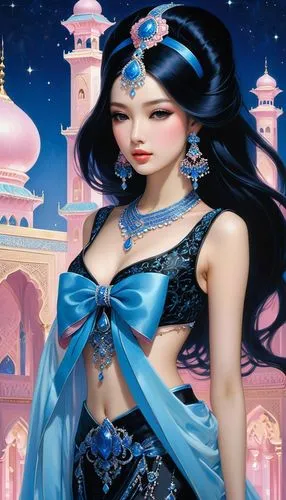 rem in arabian nights,sheherazade,oriental princess,anarkali,jasmine blue,scheherazade,Illustration,Realistic Fantasy,Realistic Fantasy 08