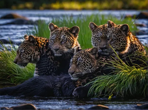 A mom and her two yearling cubs rests at the rivers edge while watching for salmon to hunt.,cheetah and cubs,big cats,mother and children,the mother and children,cheetahs,wildlife,cat family,family ou