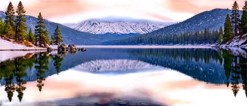 Tahoe lake, Sierra Nevada mountains, calm water, reflection of surrounding trees, rocky shoreline, pine trees, snow-capped peaks in background, morning mist, soft warm light, panoramic view, 3/4 compo