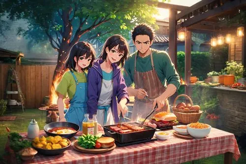 cooking book cover,izakaya,outdoor cooking,summer bbq,mid-autumn festival,spring festival,barbecue,bbq,teppanyaki,food and cooking,yakiniku,game illustration,barbeque,family picnic,barbecue area,horumonyaki,cooking show,food table,harvest festival,huaiyang cuisine